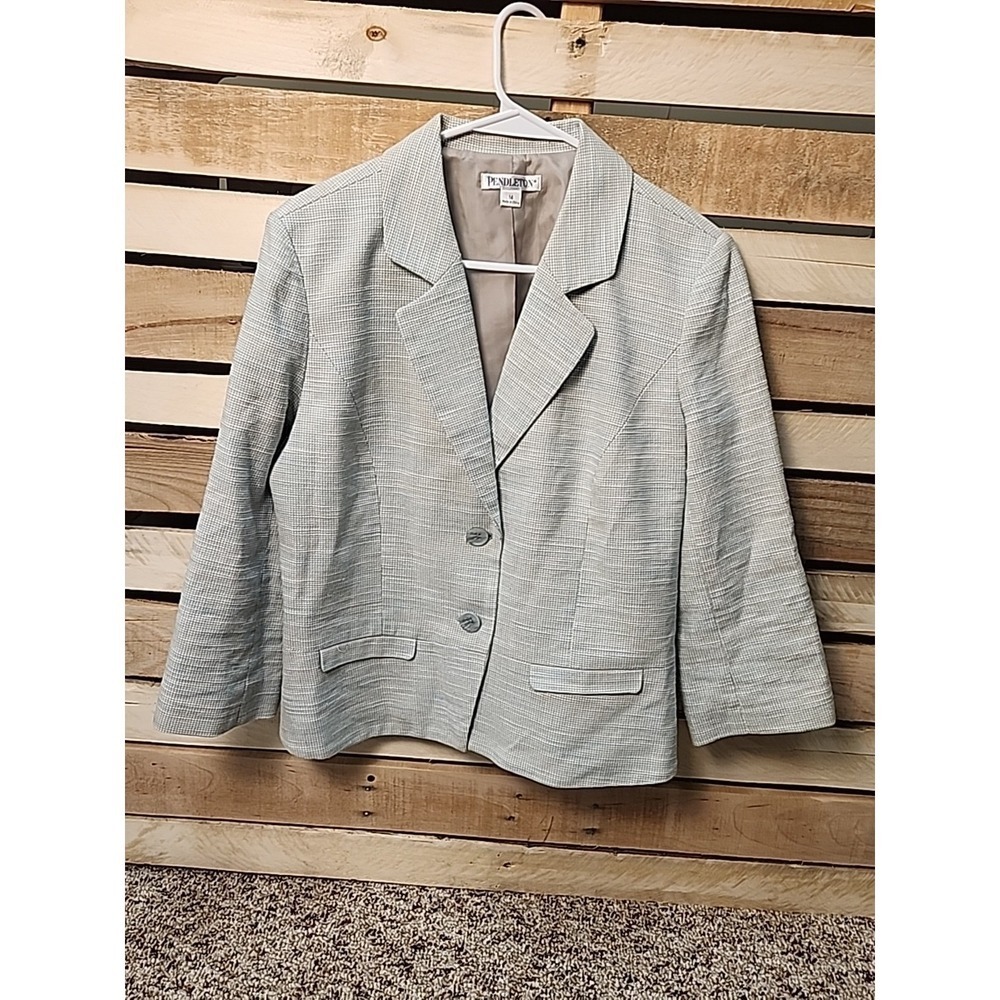 Pendleton Womens Cotton Linen Blend 3/4 Sleeve Green Blazer Jacket Size 14